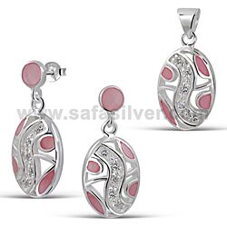 Wholesale 925 Sterling Silver Real Stone Pink Semi-Precious Jewelry Set