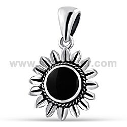 Wholesale 925 Sterling Silver Onyx Black Flower Semi Precious Pendant