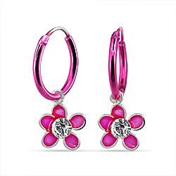 Wholesale 925 Sterling Silver Pink Enamel CZ Flower Charm Kids Hoops 