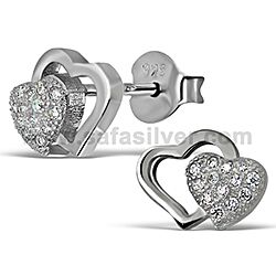 Wholesale Silver Sterling 925 Double Heart CZ Micro Pave Stud Earrings