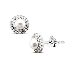 Wholesale 925 Sterling Silver Cute flower Pearl with Sparkly Round Cubic Zirconia Rhodium Plated Stud Earrings