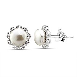 Wholesale 925 Sterling Silver Flower Design with Sparkly Cubic Zirconia Rhodium Plated Stud Earrings