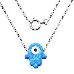 Wholesale Silver Blue Opal Eye Hamsa Hand Necklace