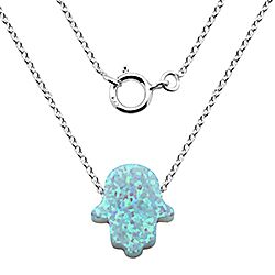 Wholesale Silver Turquoise Blue Opal Hamsa Hand Necklace