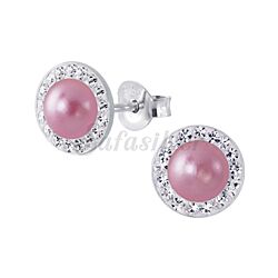 Silver Round Pearl Ear Studs with Crystal 