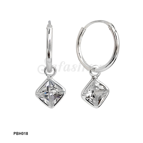 Channel Set Square C.Z. Silver Hoop Earrings