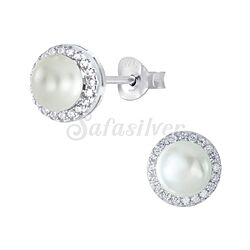 wholesale 925 Sterling Silver Pearl 8.5mm Sparkly Rhodium Plated Cubic Zirconia Stud Earrings 