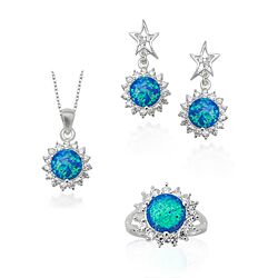 Wholesale Silver Opal Flower Semi-Precious Jewelry Set