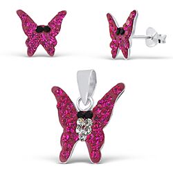 Wholesale 925 Sterling Silver Fuchsia Butterfly Crystal Jewelry Set