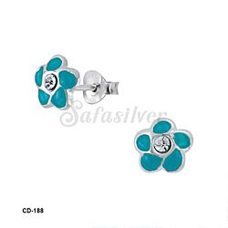 Wholesale 925 Sterling Silver Hand Painted Blue Flower Kids Stud Earrings