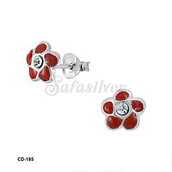 Wholesale 925 Sterling Silver Hand Painted Maroon Flower Kids Stud Earrings 