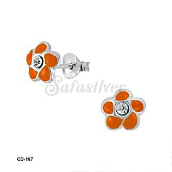 Wholesale 925 Sterling Silver Hand Painted Orange Flower Kids Stud Earrings   