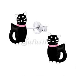 Wholesale 925 Sterling Silver Enamel Black Cat Kids Stud Earrings 