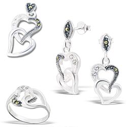 Wholesale 925 Sterling Silver Double Heart Marcasite Jewelry Set