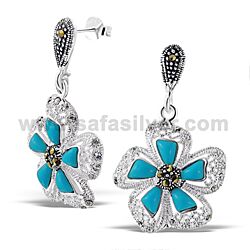 Wholesale 925 Silver Sterling Turquoise Flower Marcasite Ear Studs