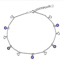 Wholesale Silver CZ Heart Blue Evil Eye Ankle Bracelet