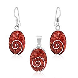 Wholesale 925 Sterling Silver Spiral Design Red Oval Semi-Precious Jewelry Set
