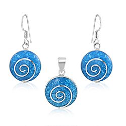 Wholesale 925 Sterling Silver Spiral Design Turquoise Blue Round Semi-Precious Jewelry Set