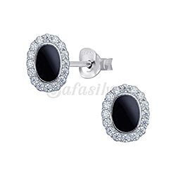 wholesale 925 Sterling Silver Black Enamel Oval Sparkly Cubic Zirconia  Stud Earrings 