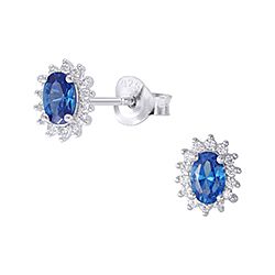 Wholesale 925 Sterling Silver Blue Oval Shape Cubic Zirconia Rhodium Plated Stud Earrings