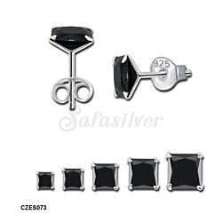 925 Sterling Silver High Quality Square Jet CZ Stud Earrings 