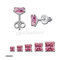 925 Sterling Silver High Quality Square Pink CZ Stud Earrings 