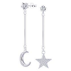 Sterling Silver CZ White Dangling Moon Star Stud Earrings