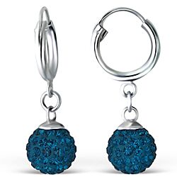 Wholesale 925 Sterling Silver Capri Blue Crystal Dangling Ball Charm Hoop Earrings