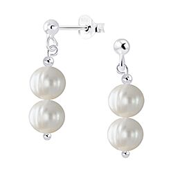 Wholesale 925 Silver Dangling Double Pearl Ball Stud Earrings