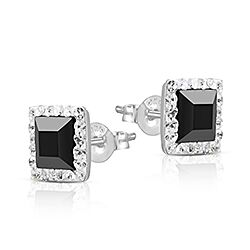 Silver White Crystal Onyx Square Halo Stud Earrings, Wholesale Jewelry, Preciosa crystal, Cubic Zirconia studs, Trending Stud Earrings.