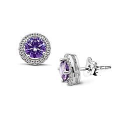 Wholesale 925 Sterling Amethyst Silver Round Cubic Zirconia Sparkly Stud Earrings