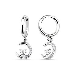 Silver Cubic Zirconia Crescent Moon Star Charm Hoop Earring