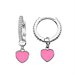 Silver CZ Pink Heart Drop Hoop Earring