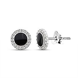 Wholesale 925 Sterling Silver Cubic Zirconia Black Enamel in Round Design Stud Earrings