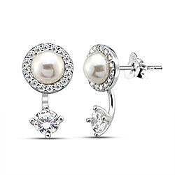 Wholesale 925 Sterling Silver Geometric Pearl with Cubic Zirconia Sparkly Stud Earrings