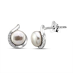 Wholesale 925 Sterling Silver Pearl and Sparkly Cubic Zirconia Rhodium Plated Stud Earrings