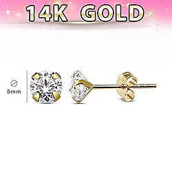 Wholesale 14K Solid Yellow Gold 5mm CZ Stud Earring
