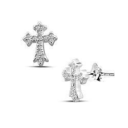 Wholesale 925 Sterling Silver Bright Cross with Cubic Zirconia Rhodium Plated Stud Earrings