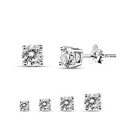 925 Sterling Silver Clear Round CZ Basket Setting Stud Earrings