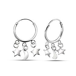 Wholesale 925 Sterling Silver 3 Dangle Moon And Star Charm Hoop Earrings