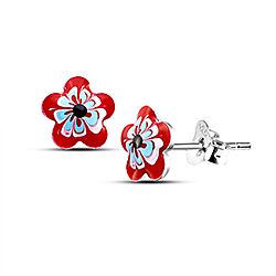 Wholesale Silver Enamel Red Flower Kids Stud Earring