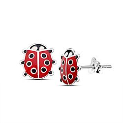 Wholesale Silver Enamel Red Ladybug Kids Stud Earrings