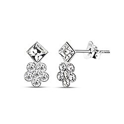 Silver Square Ear Stud with Flower White Crystal