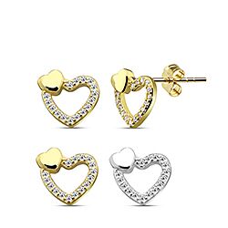 Silver Double Heart Cubic Zirconia Stud Earring