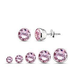 Wholesale 925 Sterling  Silver Pink Round CZ Basel Setting Stud Earrings