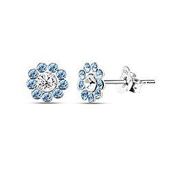 Silver Flower Blue and White Preciosa Crystal Stud Earrings