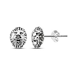 Sterling Silver Oxidized Lion Head Stud Earring