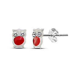 Red Owl With Crystal Eye Kids Earring Silver 925