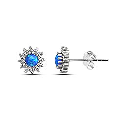 Wholesale 925 Sterling Silver Blue Opal Flower with Sparkly Cubic Zirconia Stud Earrings