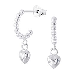Silver Ball Bead with Dangling Heart Half Hoop Stud Earring, 925 Sterling Silver, Plain Silver Earring, Wholesale Item.